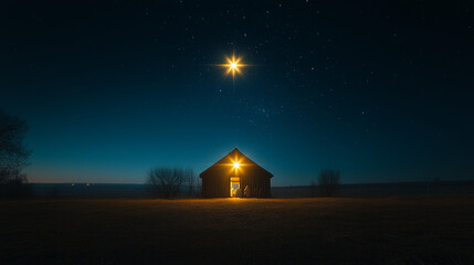 A minimalist star glowing against a dark sky, leading to the nativity.