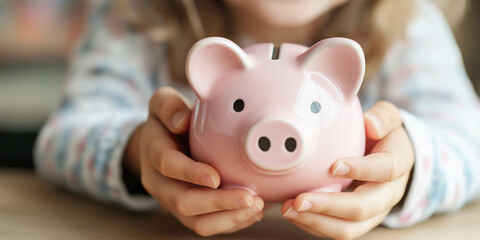 Close-up image of a child holding a pink piggy bank, symbolizing savings and financial security, accompanied by a sense of innocence and responsibility.