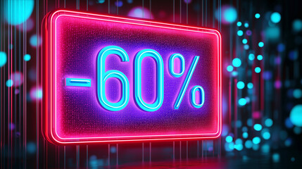 Obraz premium Neon Sale Banner in Pink Blau, 60% Rabatt Sale Banner für Angebote zu Weihnachten, Neujahr, Cyber Monday, Black Friday oder sonstiger Anlass, Shopping Offerte und Ausverkauf im Party Retro Style