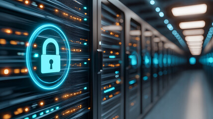 Naklejka premium Digital security concept with glowing padlock symbol in data center