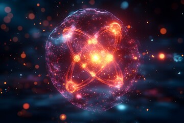 Obraz premium Detailed 3D representation of a technetium atom revealing its electron and use in medical scans and advanced diagnostic imaging The vibrant neon colors cinematic lighting