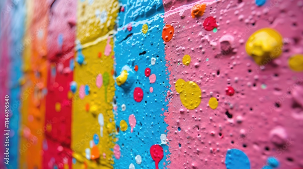 Wall mural Colorful abstract wall with vibrant paint splatters and textures.