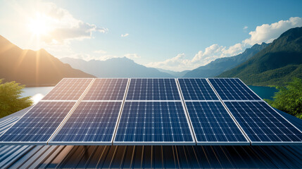 Obraz premium Solar panels on rooftop with scenic mountain view, capturing sunlight. This showcases renewable energy technology in beautiful natural setting