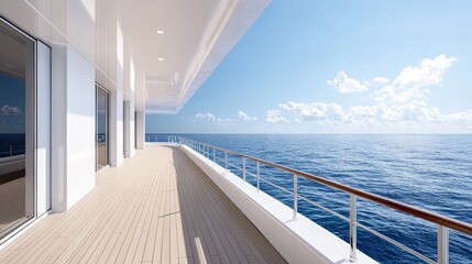 Luxury yacht deck with ocean view, sunlight, wooden flooring, glass doors, railing, blue sky, clouds.