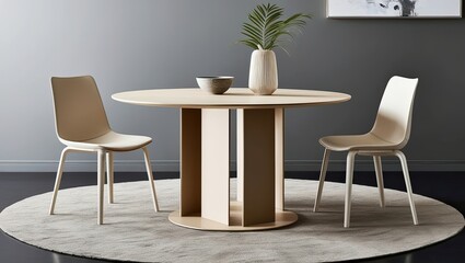A contemporary furniture set with a round table, cutouts, and two sleek chairs