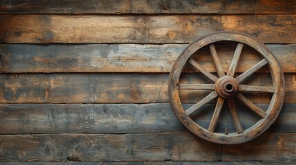 A rustic wooden wall featuring an old, weathered wagon wheel, showcasing vintage charm and timeless craftsmanship.