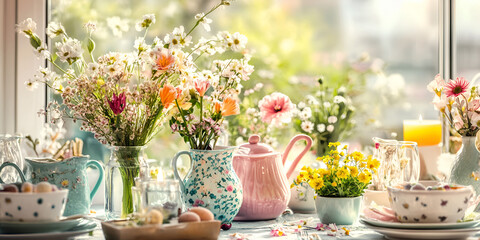 Vibrant Spring Floral Table with Teapot and Dishes