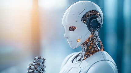 futuristic AI assistant with sleek design, showcasing advanced technology and intricate details. robot glowing circuits and thoughtful expression evoke sense of innovation and intelligence