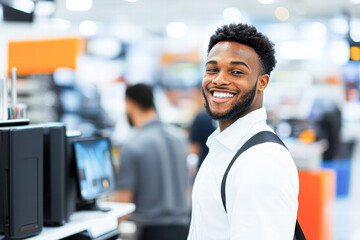 Fototapeta premium Smiling young man in electronics store retail environment professional portrait bright atmosphere