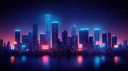 Fototapeta premium Night cityscape with vibrant neon lights reflecting on water.