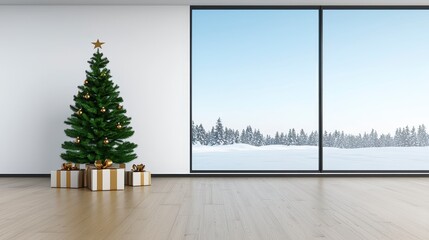 Fototapeta premium Festive christmas tree decorated with gifts in modern living room winter wonderland view cozy atmosphere