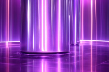 Metallic cylinders, purple light, reflective floor.