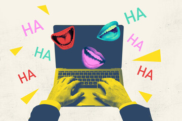 Creative sketch art collage of hands type laptop keypad mock mouth laugh cyberbully hacking abuse...