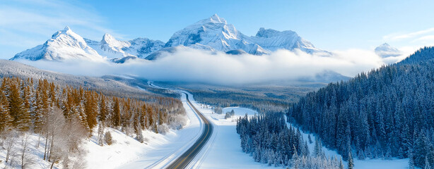 long highway winds through snowy landscape, surrounded by majestic mountains and evergreen forests. scene captures serene beauty of winter in remote area