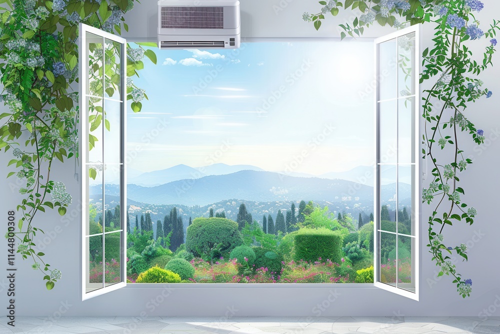 Poster Air conditioner mounted on wall with open window offering a view of greenery and mountains on a sunny day. Generative AI