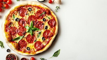 Delicious pizza topped with salami presented on a white background, ideal for advertising and design, offering ample space for creative use with the delicious pizza theme.