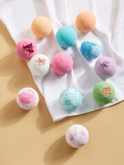 handmade colored bath bombs in a minimalistic composition