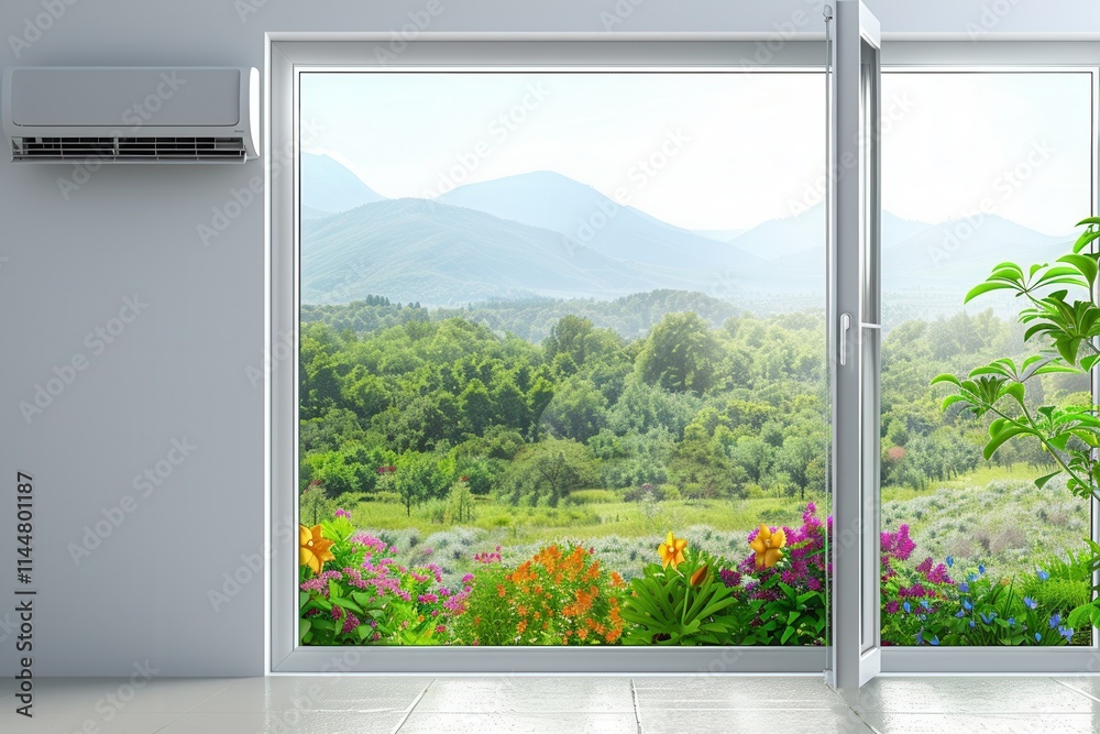 Poster Air conditioner mounted on wall next to open window with view of lush landscape and mountains in the background. Generative AI