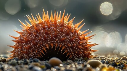 Close-up view capturing a sea urchin resting on the seabed, highlighting the intricate details and textures of the sea urchin in its natural habitat, with ample copy space.