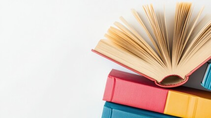 Stack of hardcover books with an open cover on a white background, perfect for highlighting the beauty of hardcover books; includes ample copy space for text or design elements.