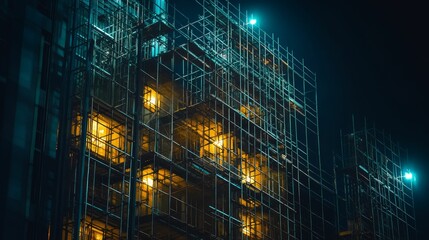 Naklejka premium Nighttime building, scaffolding, illuminated windows.