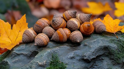 Group of acorns on a rock surrounded by autumn leaves.