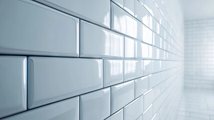 Close-up view of modern glossy white ceramic tiles arranged on a wall, highlighting the sleek design and reflective surface of the white ceramic tiles. Ample copy space included.