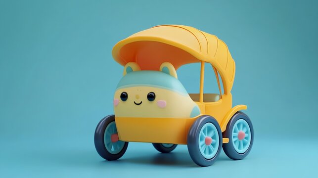 Cute cartoon animal stroller toy on blue background.