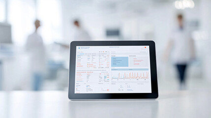 A sleek digital tablet displaying an organized health record interface, complete with patient demographics, medical history, and charts of vital signs. The background shows a modern hospital setting