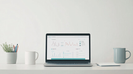 A minimalist desk with a laptop displaying a secure digital health portal. The screen shows a dashboard featuring graphs of blood pressure, cholesterol levels, and recent consultations. Surrounding