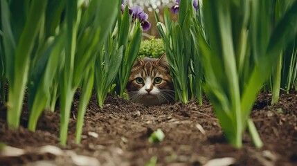 Obraz premium Curious cat among iris flowers