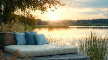 Fototapeta premium Serene relaxation spot ideal for enjoyment on a warm evening, perfect for unwinding. The relaxing atmosphere creates a soothing environment with ample photo style copy space.