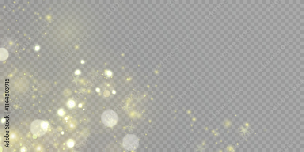 Poster Golden bright dust of light bokeh and glitter. Festive glowing bokeh and sparkles overlay texture for your design on transparent background. Golden particles abstract vector background.	