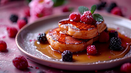Delicious stack of fluffy pancakes topped with fresh berries and syrup