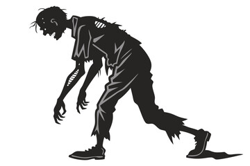 Zombie Shambler, A hunched figure with outstretched arms, tattered clothing, and a disjointed posture. Emphasize jagged edges to the silhouette for a creepy effect vector on a white background