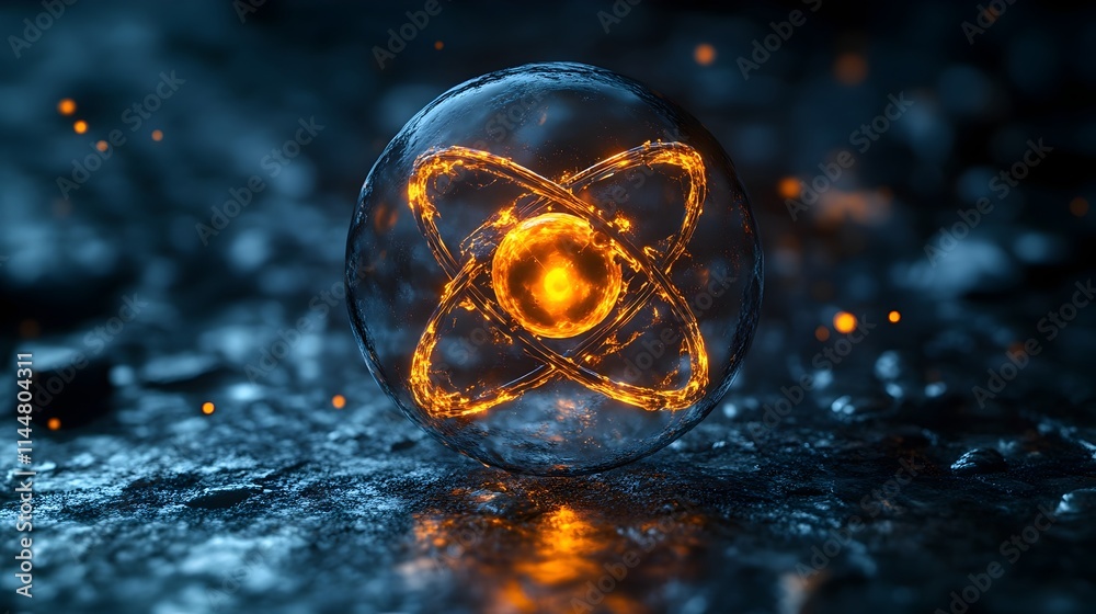 Poster comprehensive 3d cross section of a technetium atom showcasing its intricate electron shell structur