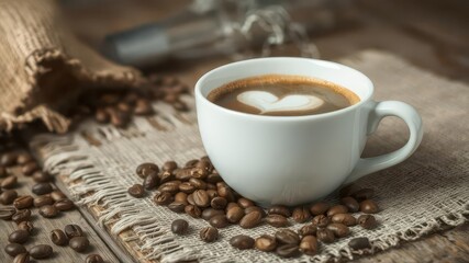 White coffee cup, heart-shaped steam, weathered wood, burlap, coffee beans, coffee shop, sack