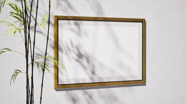 Poster mockup empty wooden wide horizontal format frame on a gray wall and houseplant next to its shadows close-up in modern interior. 3D rendering, 3D animation illustration.