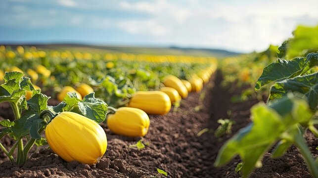 Yellow squash in a field is ripe for harvest, presenting a vibrant scene that captures the essence of agriculture. This yellow squash composition offers ample space for text.