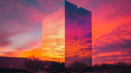 futuristic tower in the middle of a city on a dramatic sunset