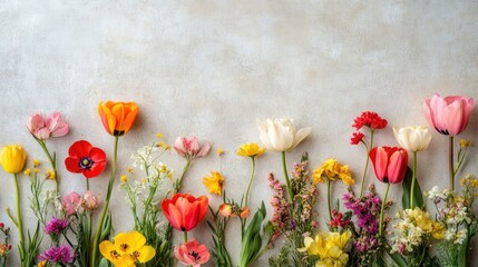 Spring flowers create a vibrant border perfect for a seasonal display. This photo of spring flowers brings fresh energy and color, ideal for highlighting seasonal themes with copy space.