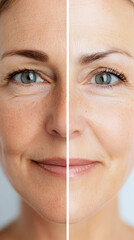 Close-up comparison of mature woman's face highlighting skin detail.