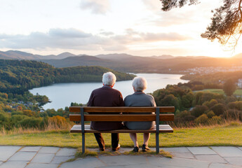 Elderly couple sitting on bench overlooking serene lake at sunset, surrounded by lush greenery and mountains. peaceful moment of companionship and nature beauty