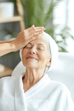 Senior woman enjoying a relaxing facial massage in a spa setting.