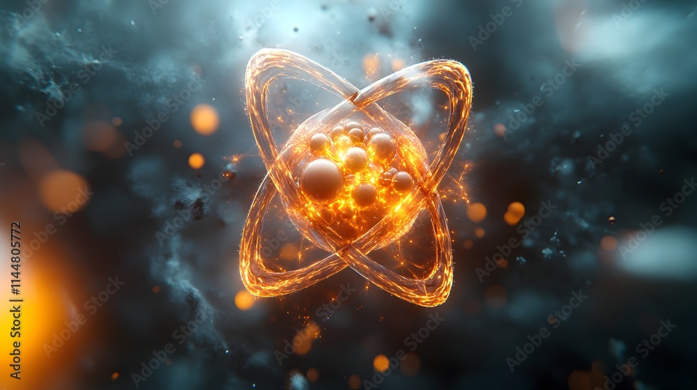 Poster comprehensive 3d cross section of a technetium atom showcasing its electron shell and radiological p