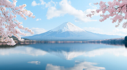 stunning view of Mount Fuji surrounded by cherry blossoms, reflecting beautifully in calm lake. serene atmosphere evokes sense of peace and tranquility
