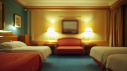 Hotel Room Blur - Blurred view of a hotel room interior with beds and furniture.