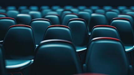 Obraz premium A series of empty chairs arranged in an expansive theater setting create a sense of anticipation, providing ample copy space for text or design elements.