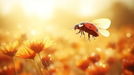 Naklejka premium Ladybug in flight over orange flowers at sunset.