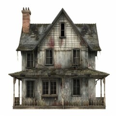 Spooky old abandoned house is falling apart and decaying, with boarded up windows and peeling paint